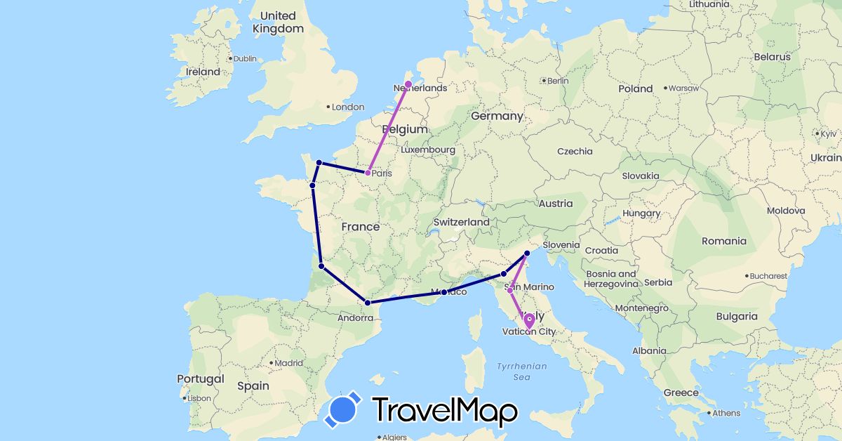 TravelMap itinerary: driving, train in France, Italy, Netherlands (Europe)